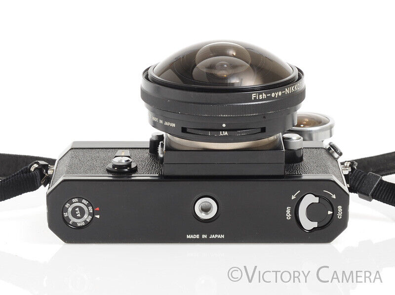 Nikon F Black Body w/ Rare 7.5mm f5.6 Fish Eye Nikkor Lens &amp; Viewfinder -Cool- - Victory Camera