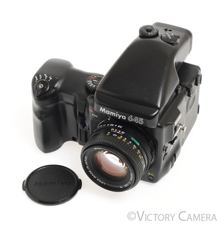 Mamiya 645 Pro Camera AE Metered Prism FE401 w/ 80mm N Lens &amp; Winder -Clean- - Victory Camera
