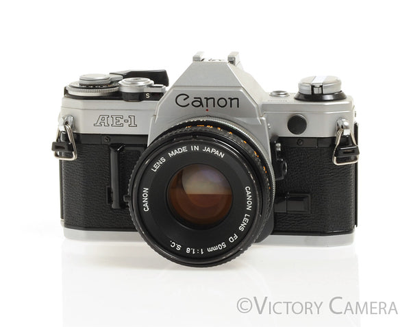Canon AE-1 35mm Chrome Camera 50mm F1.8 Lens -New Seals, No Squeak- [E