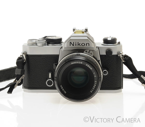 Nikon FM Chrome 35mm Film Camera w/ 50mm f2 Lens [EXC]
