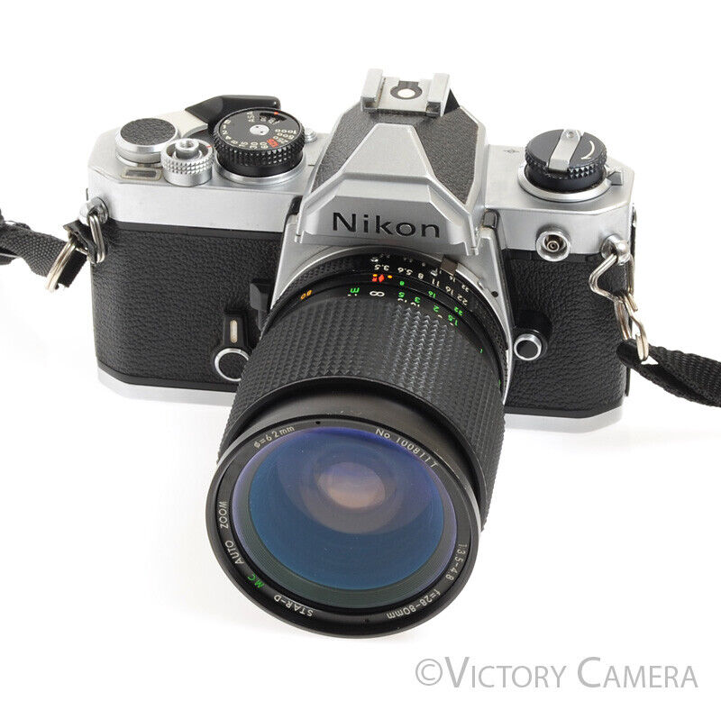 Nikon FM (early version) Chrome 35mm Film SLR Camera w/ 28-80mm Zoom Lens - Victory Camera