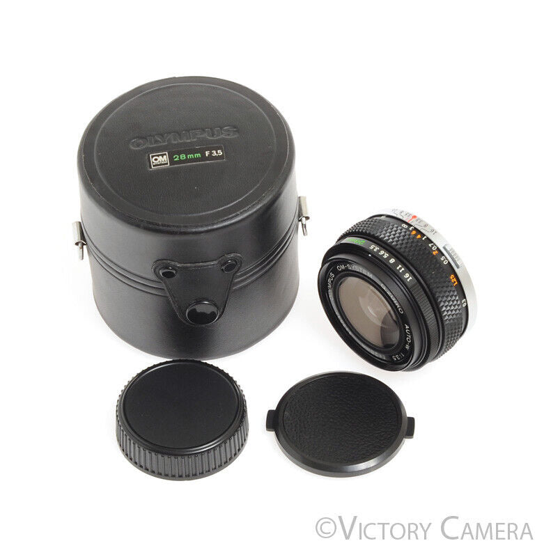 Olympus G.Zuiko 28mm F3.5 Auto-W OM Wide-Angle Prime Lens w/ Shade + Case