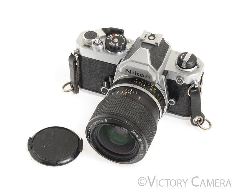 Nikon FM Chrome 35mm Film SLR Camera w/ Nikon E 36-72mm f3.5 Zoom Lens - Victory Camera