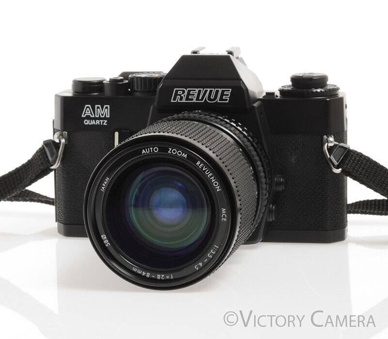 Revue AM Quartz Black 35mm SLR w/ 28-84mm Zoom Lens & Half Case -New Seals- - Victory Camera