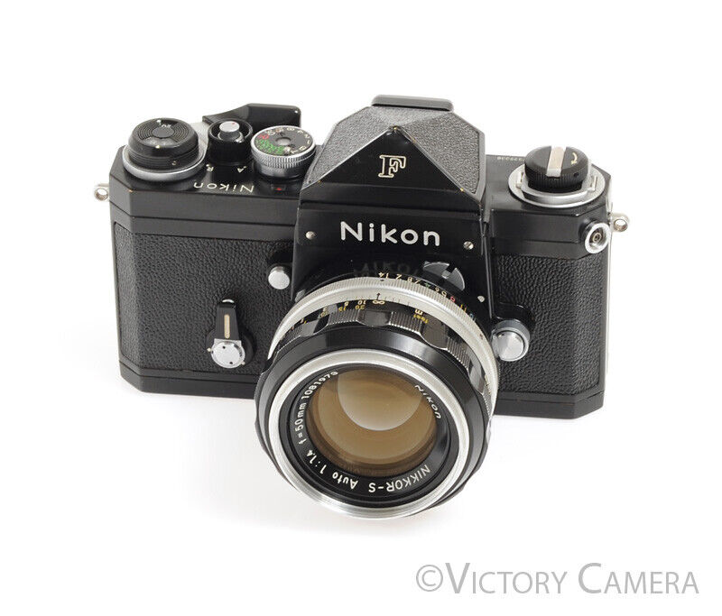 Nikon F Rare Black 35mm Camera w/ Eye Level Finder &amp; 50mm f1.4 Lens -Good Seals- - Victory Camera