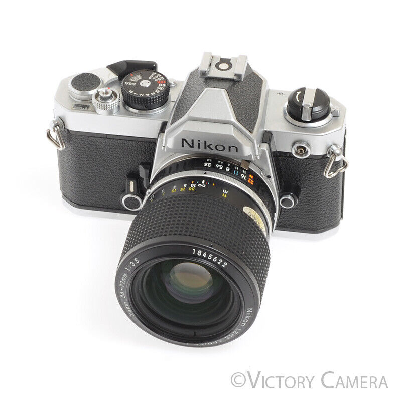 Nikon FM Early Version Chrome 35mm SLR Camera w/ 36-72mm F3.5 Lens -New Seals-