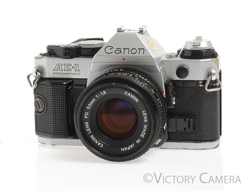 Canon AE-1 Program Chrome 35mm Film SLR Camera w/ 50mm F1.8 Lens -No Squeak-