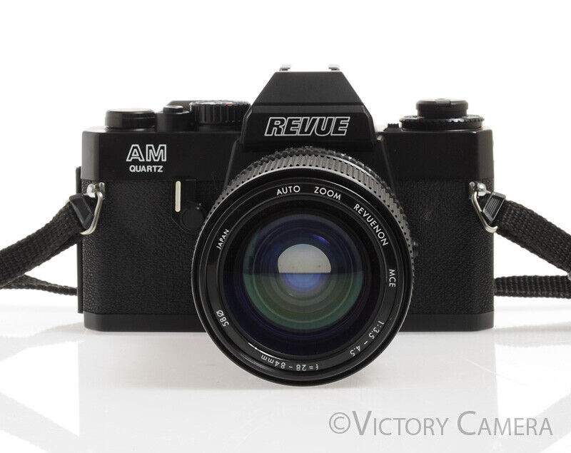 Revue AM Quartz Black 35mm SLR w/ 28-84mm Zoom Lens &amp; Half Case -New Seals-