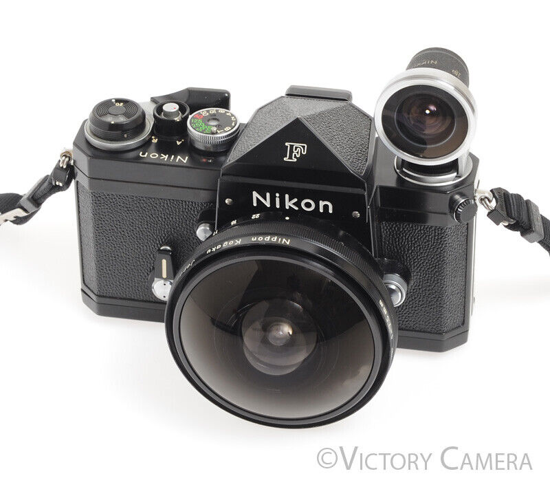 Nikon F Black Body w/ Rare 7.5mm f5.6 Fish Eye Nikkor Lens &amp; Viewfinder -Cool- - Victory Camera