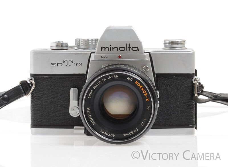 Minolta SRT101 SRT 101 Chrome 35mm Camera with 50mm F1.7 Lens -Clean, New Seals- - Victory Camera