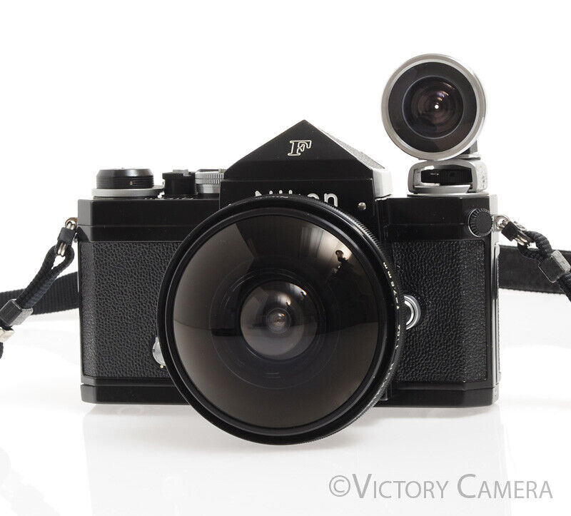 Nikon F Black Body w/ Rare 7.5mm f5.6 Fish Eye Nikkor Lens & Viewfinder -Cool- - Victory Camera