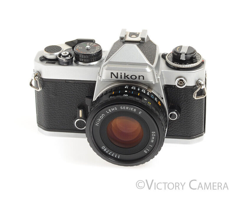 Nikon FE Chrome 35mm Film SLR Camera w/ Nikon E 50mm F1.8 Lens -New Seals-