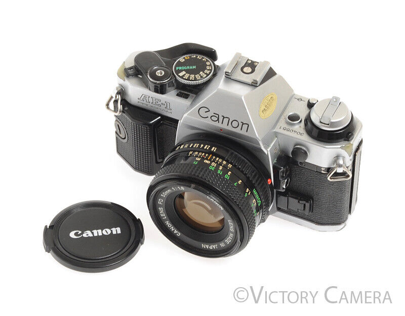 Canon AE-1 Program Chrome 35mm Film SLR Camera w/ 50mm F1.8 Lens -No Squeak-