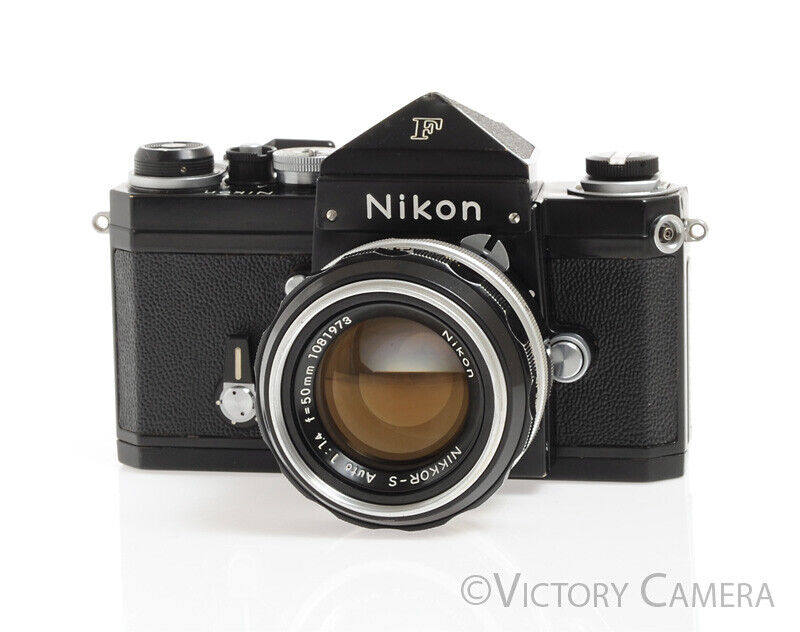 Nikon F Rare Black 35mm Camera w/ Eye Level Finder & 50mm f1.4 Lens -Good Seals- - Victory Camera