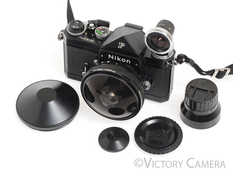 Nikon F Black Body w/ Rare 7.5mm f5.6 Fish Eye Nikkor Lens &amp; Viewfinder -Cool- - Victory Camera