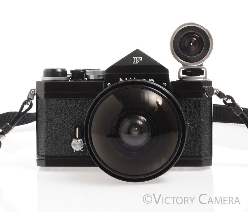Nikon F Black Body w/ Rare 7.5mm f5.6 Fish Eye Nikkor Lens &amp; Viewfinder -Cool- - Victory Camera