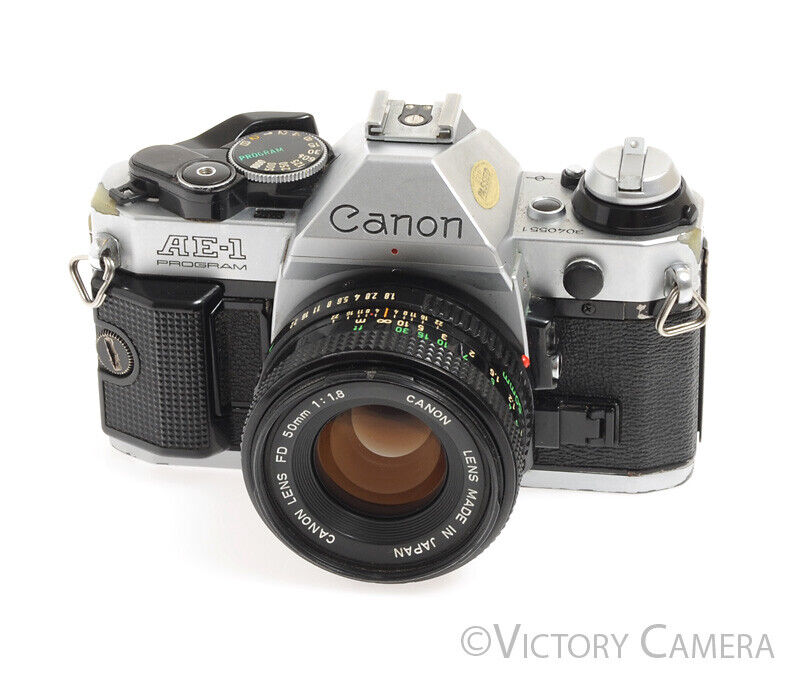 Canon AE-1 Program Chrome 35mm Film SLR Camera w/ 50mm F1.8 Lens -No Squeak-