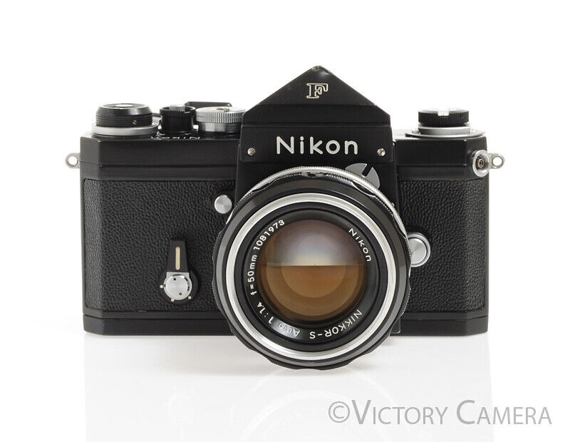 Nikon F Rare Black 35mm Camera w/ Eye Level Finder &amp; 50mm f1.4 Lens -Good Seals- - Victory Camera