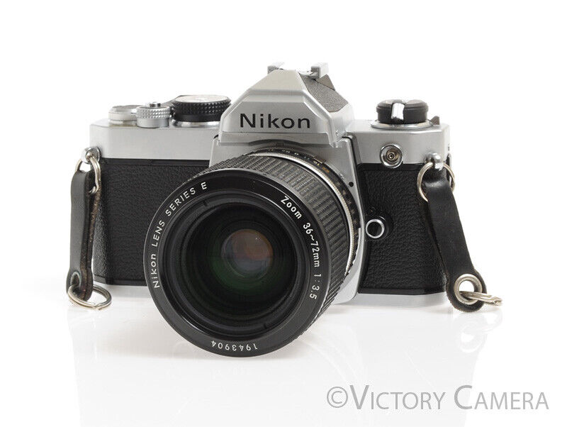 Nikon FM Chrome 35mm Film SLR Camera w/ Nikon E 36-72mm f3.5 Zoom Lens - Victory Camera