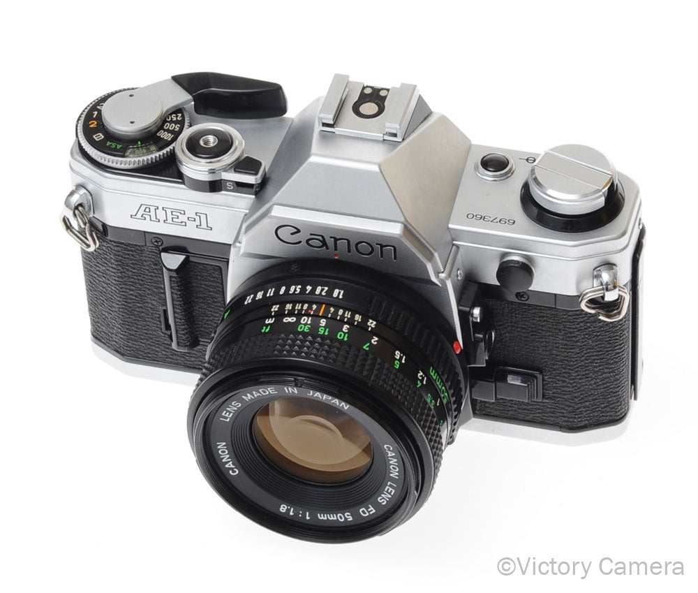 Canon AE-1 35mm Chrome Camera w/ 50mm f1.8 Prime Lens -CLA'd- [EXC+] - Victory Camera