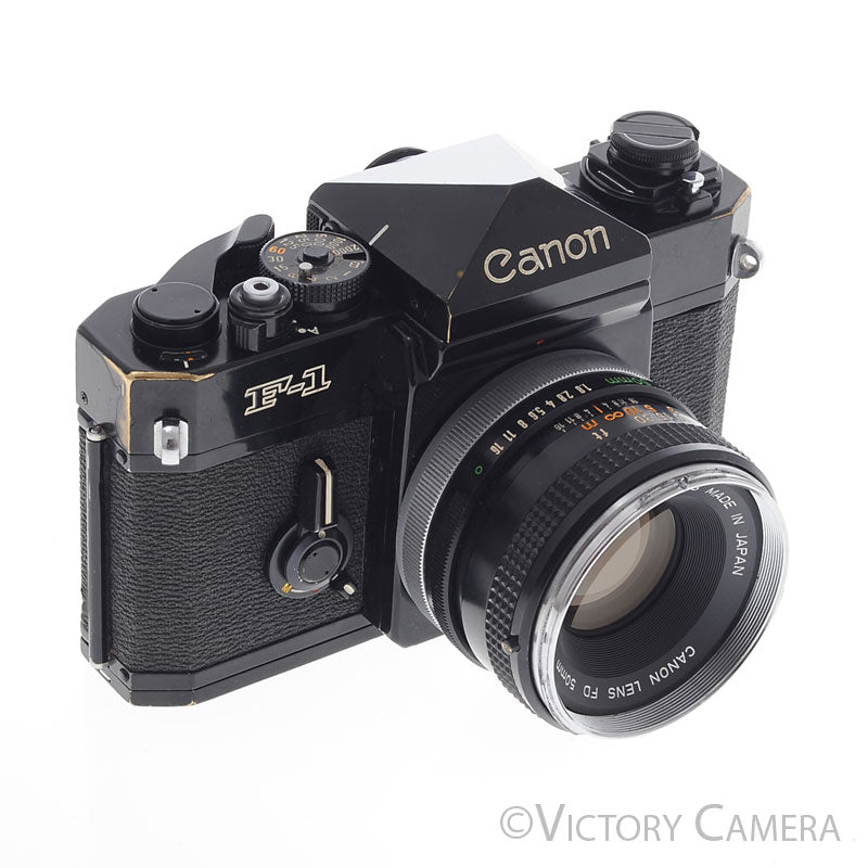 Canon F1 F-1 Black 35mm Camera Body w/ 50mm f1.8 Lens  [EXC-] - Victory Camera