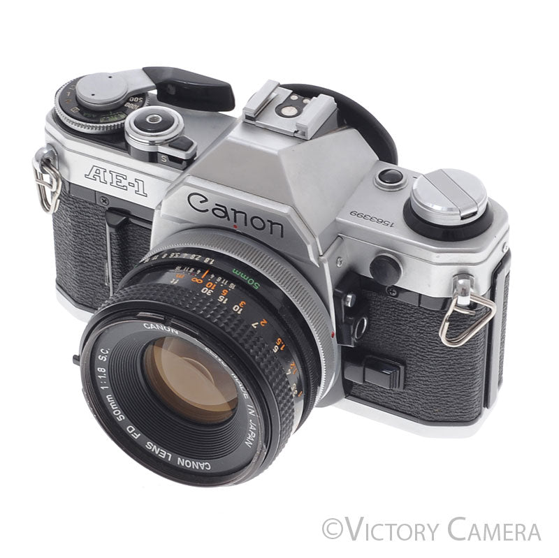 Canon AE-1 35mm Chrome Camera w/ 50mm f1.8 Prime Lens [EXC] - Victory Camera