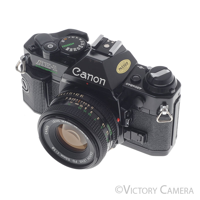 Canon AE-1 Program Black 35mm Film SLR Camera 50mm f1.8 Lens -CLA'd- [EXC] - Victory Camera