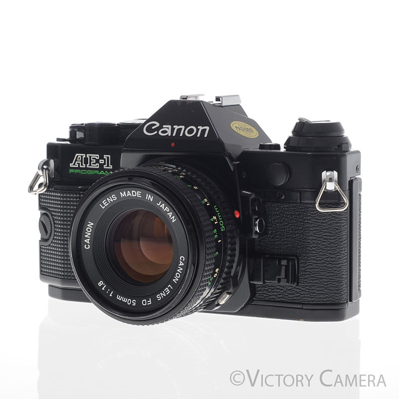 Canon AE-1 Program Black 35mm Film SLR Camera 50mm f1.8 Lens -CLA'd- [EXC] - Victory Camera