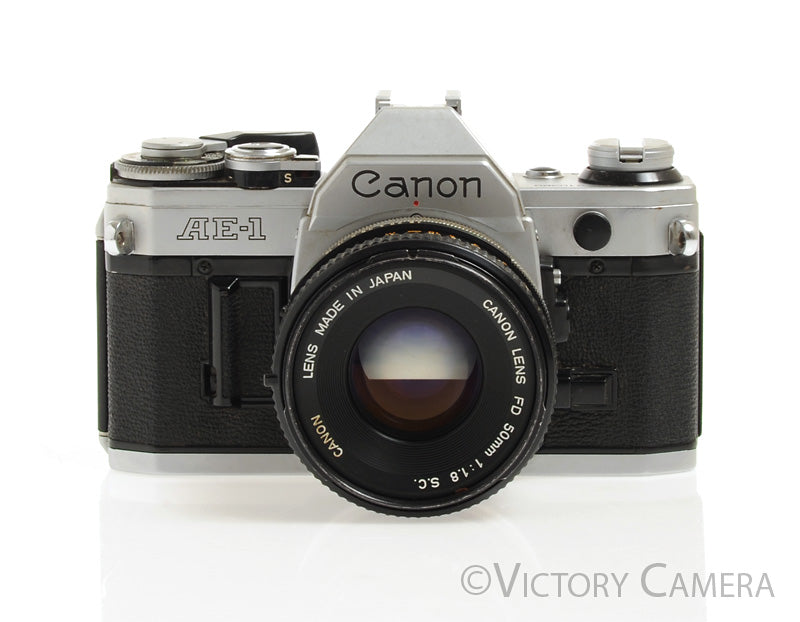 Canon AE-1 35mm Chrome Camera 50mm F1.8 Lens -New Seals, No Squeak- [E
