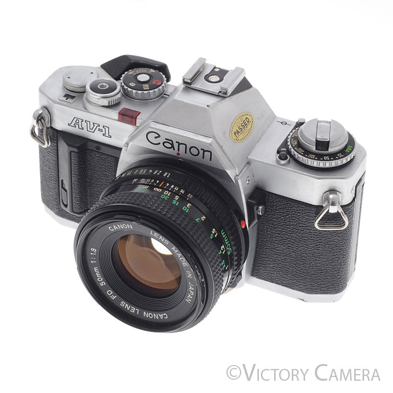 Canon AV-1 35mm Chrome Film Camera w/ 50mm f1.8 Lens -New Seals- [EXC] - Victory Camera
