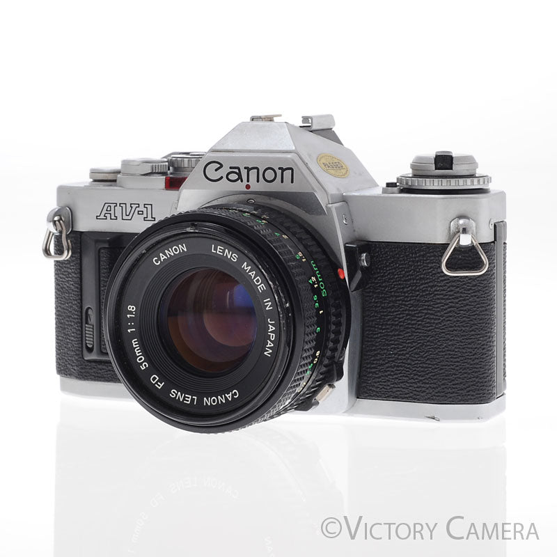 Canon AV-1 35mm Chrome Film Camera w/ 50mm f1.8 Lens -New Seals- [EXC]