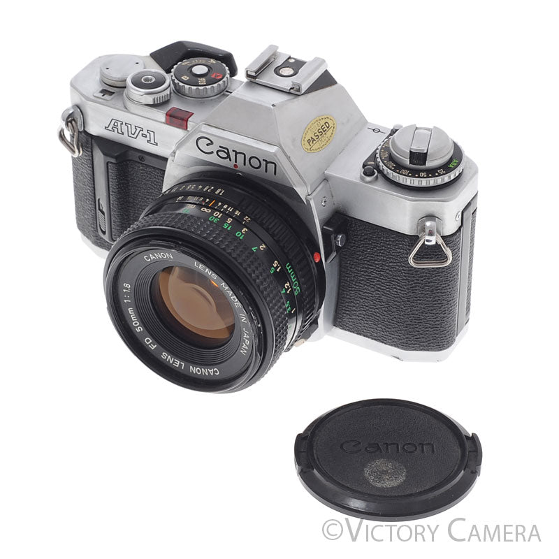 Canon AV-1 35mm Chrome Film Camera w/ 50mm f1.8 Lens -New Seals- [EXC] - Victory Camera