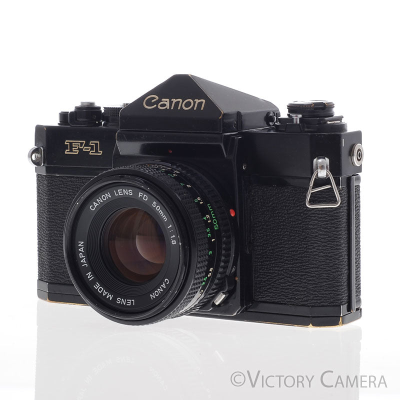 Canon F1 F-1 Black 35mm Camera w/ 50mm f1.8 Lens -New Seals- [EXC-] - Victory Camera
