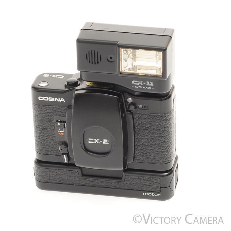Cosina CX-2 35mm Film Camera w/ CX-11 Flash And Motordrive [EXC+] - Victory Camera