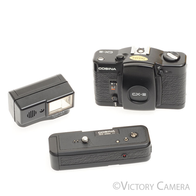 Cosina CX-2 35mm Film Camera w/ CX-11 Flash And Motordrive [EXC+] - Victory Camera