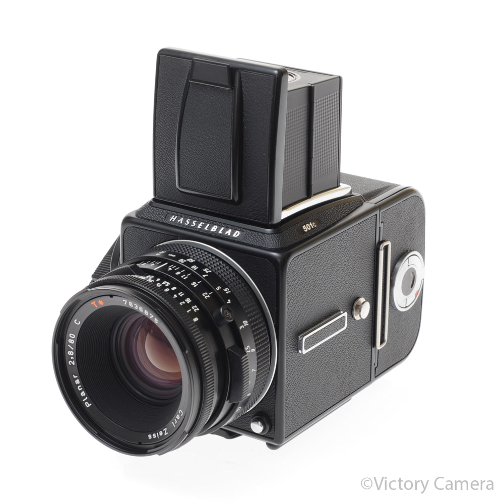 Hasselblad 501c Black Camera w/ 80mm f2.8 C T* Lens A12 Back WLF [EXC+] - Victory Camera