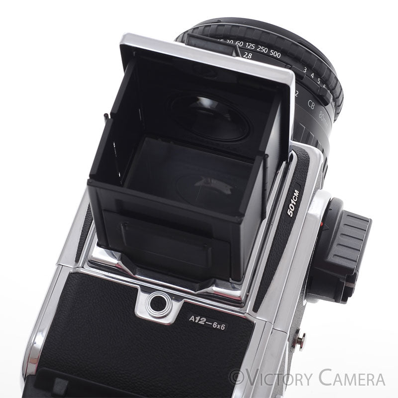 Hasselblad 501cm Chrome Camera w/ 80mm f2.8 CB T* Lens A12 Back WLF [EXC+]