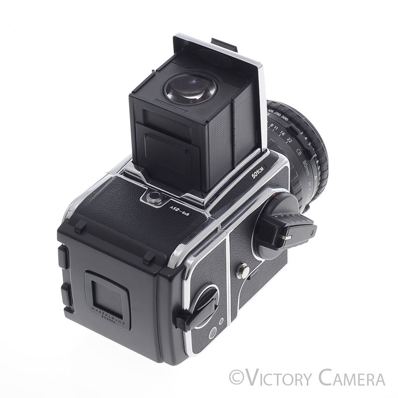 Hasselblad 501cm Chrome Camera w/ 80mm f2.8 CB T* Lens A12 Back WLF [EXC+]