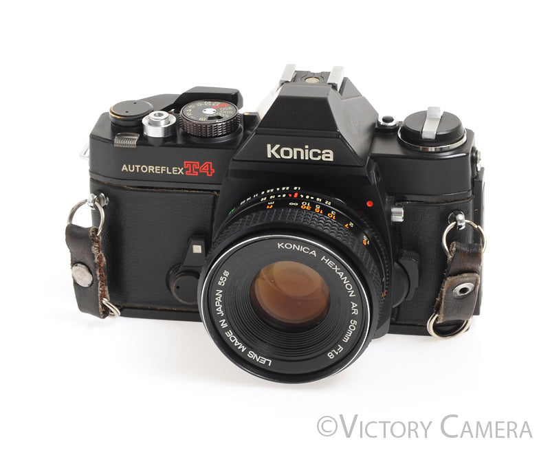 Konica Autoreflex T4 Black 35mm Film Camera w/ 50mm f1.8 Lens -Clean-