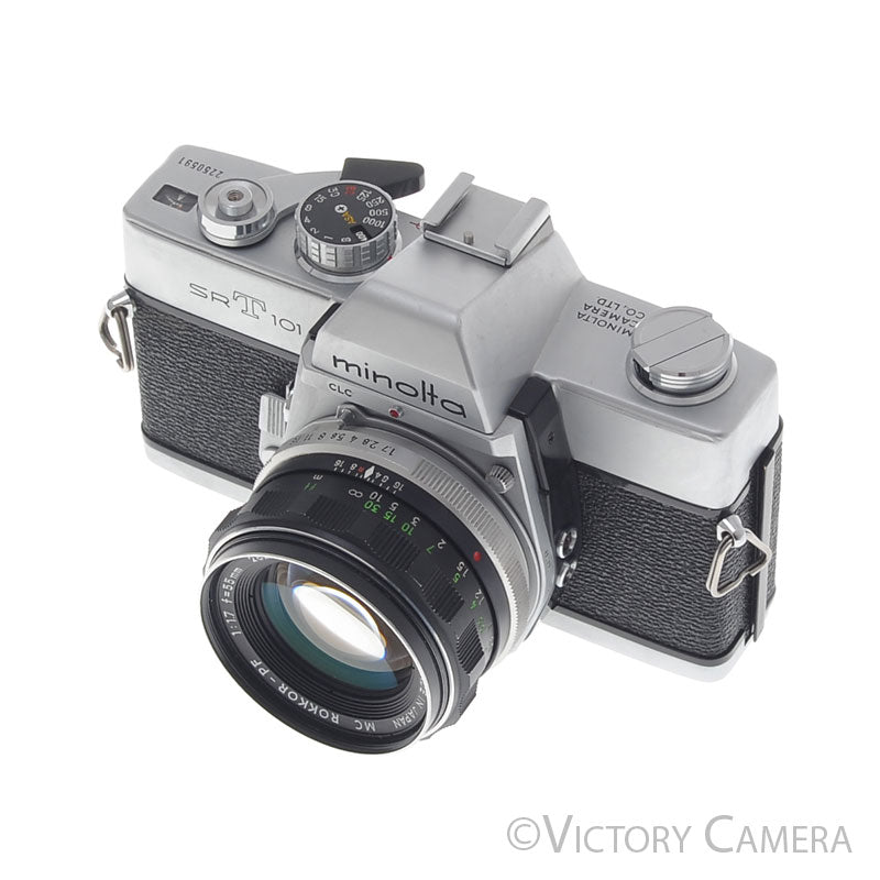 Minolta SRT101 SRT 101 Chrome 35mm Camera with 55mm F1.7 Lens [EXC] - Victory Camera