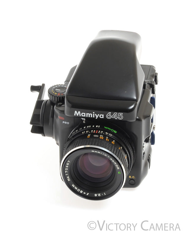 Mamiya 645 Pro Camera Eye Level Prism w/ 80mm Lens &amp; 120 Back -Clean- - Victory Camera