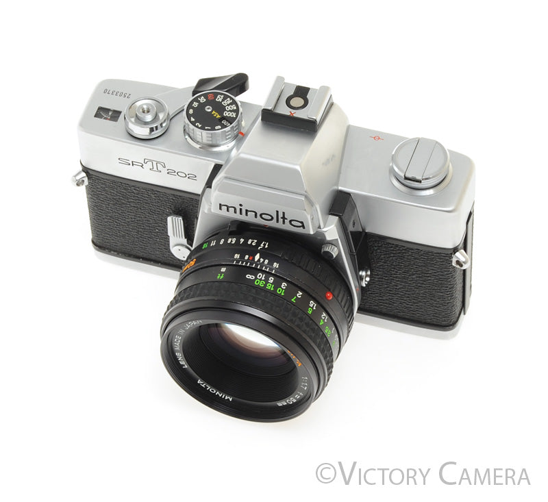 Minolta SRT 202 Chrome 35mm Camera w/ 50mm f1.7 Lens -New Seals-  [EXC+] - Victory Camera