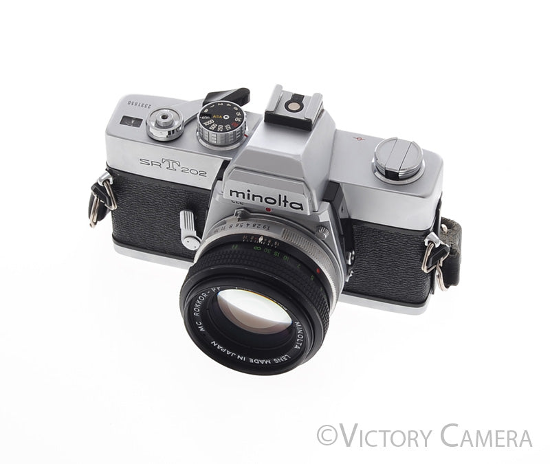 Minolta SRT 202 Chrome 35mm Camera w/ 50mm f1.9 Lens -New Seals-  [EXC] - Victory Camera