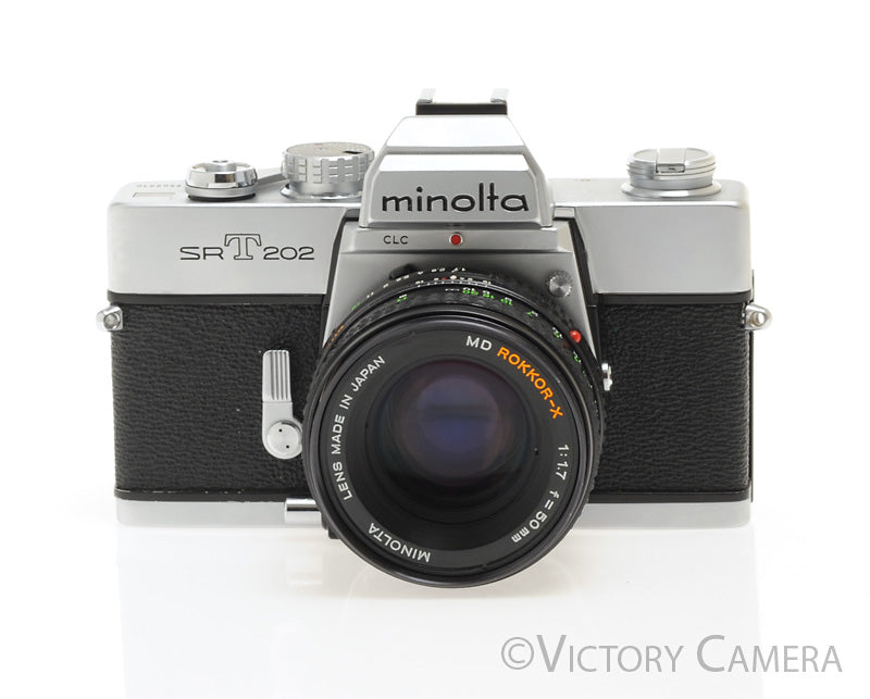 Minolta SRT 202 Chrome 35mm Camera w/ 50mm f1.7 Lens -New Seals-  [EXC+] - Victory Camera