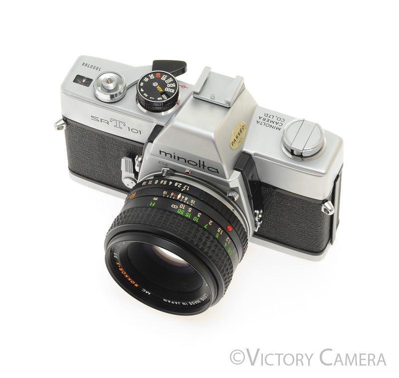 Minolta SRT101 Chrome 35mm Camera with 50mm F1.7 Lens -New Seals- [EXC]