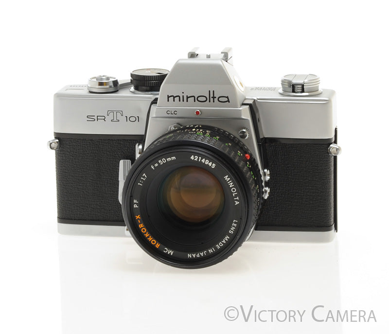 Minolta SRT101 Chrome 35mm Camera with 50mm F1.7 Lens -New Seals- [EXC]