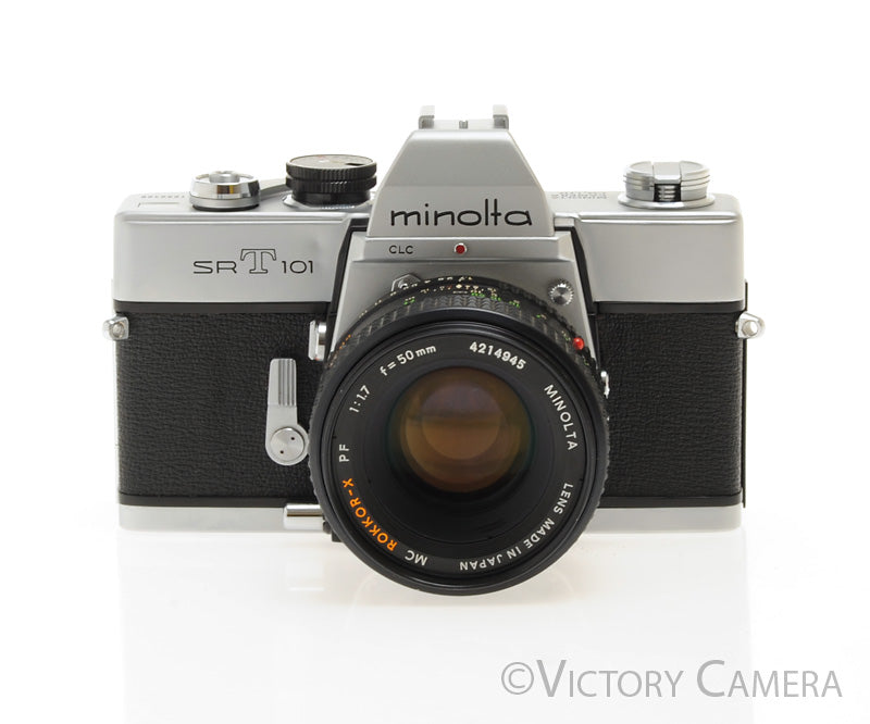 Minolta SRT101 Chrome 35mm Camera with 50mm F1.7 Lens -New Seals- [EXC]