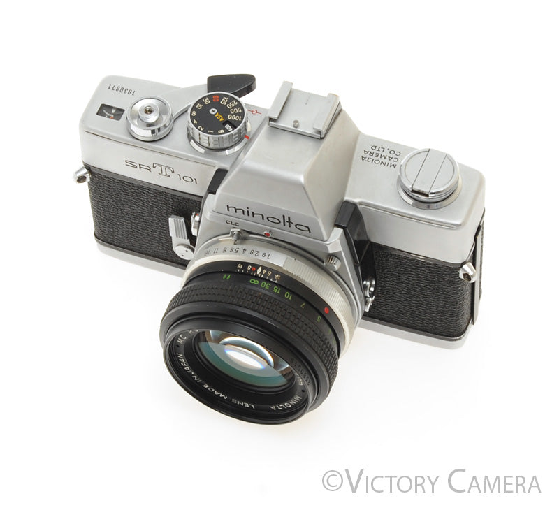 Minolta SRT 101 Chrome 35mm Camera w/ 55mm f1.9 Lens -New Seals- [EXC]