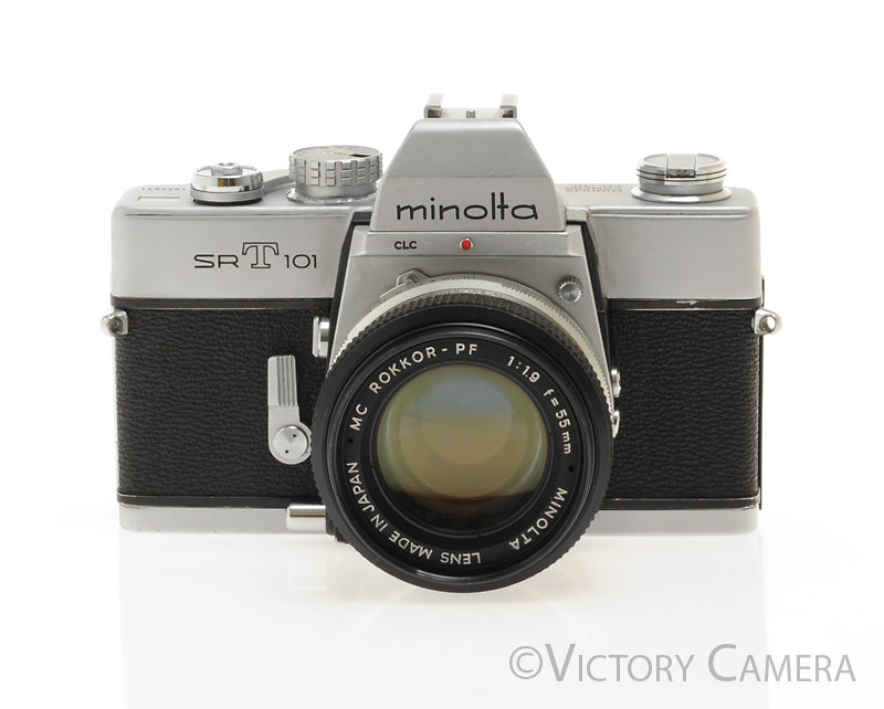 Minolta SRT 101 Chrome 35mm Camera w/ 55mm f1.9 Lens -New Seals- [EXC]