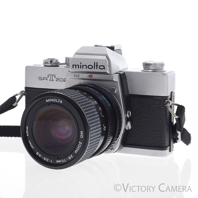 Minolta SRT202 SRT 202 Chrome 35mm Camera w/ 28-70mm Zoom Lens [EXC] - Victory Camera